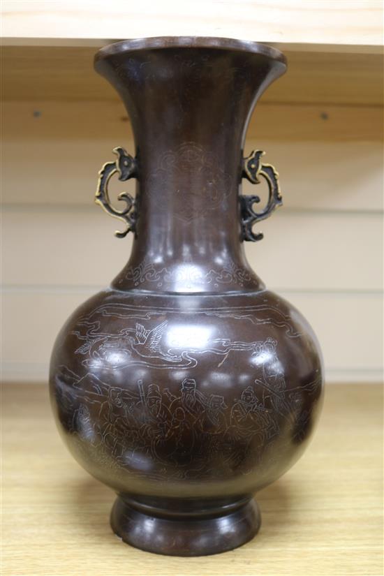 A Chinese bronze vase with silver inlay height 30.5cm